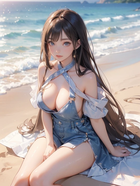 girl、masterpiece、One girl per photo、(Seaside、sitting on the beach、Brush your hair up、sexy)((20-year-old girl、Sparkly Makeup、Mature face、Super big boobs))((Pure white skin、Super white skin、Realistic Skin、))((Shining Eyes))((denim、Overalls Dresses、Damage、Extremely uper big boobs、Super exposed))(((Embarrassed face、Mouth open)))((Long Hair、Elaborate hairstyles、Brown Hair))((Round big 、Narrow waist、Thin thighs、Long legs))((Super white skin、Ultra-realistic、Perfect limbs、Perfect fingertips))Attractive pose、short boots、大胆でsexyなポーズ、(((((超sexyショット)))))