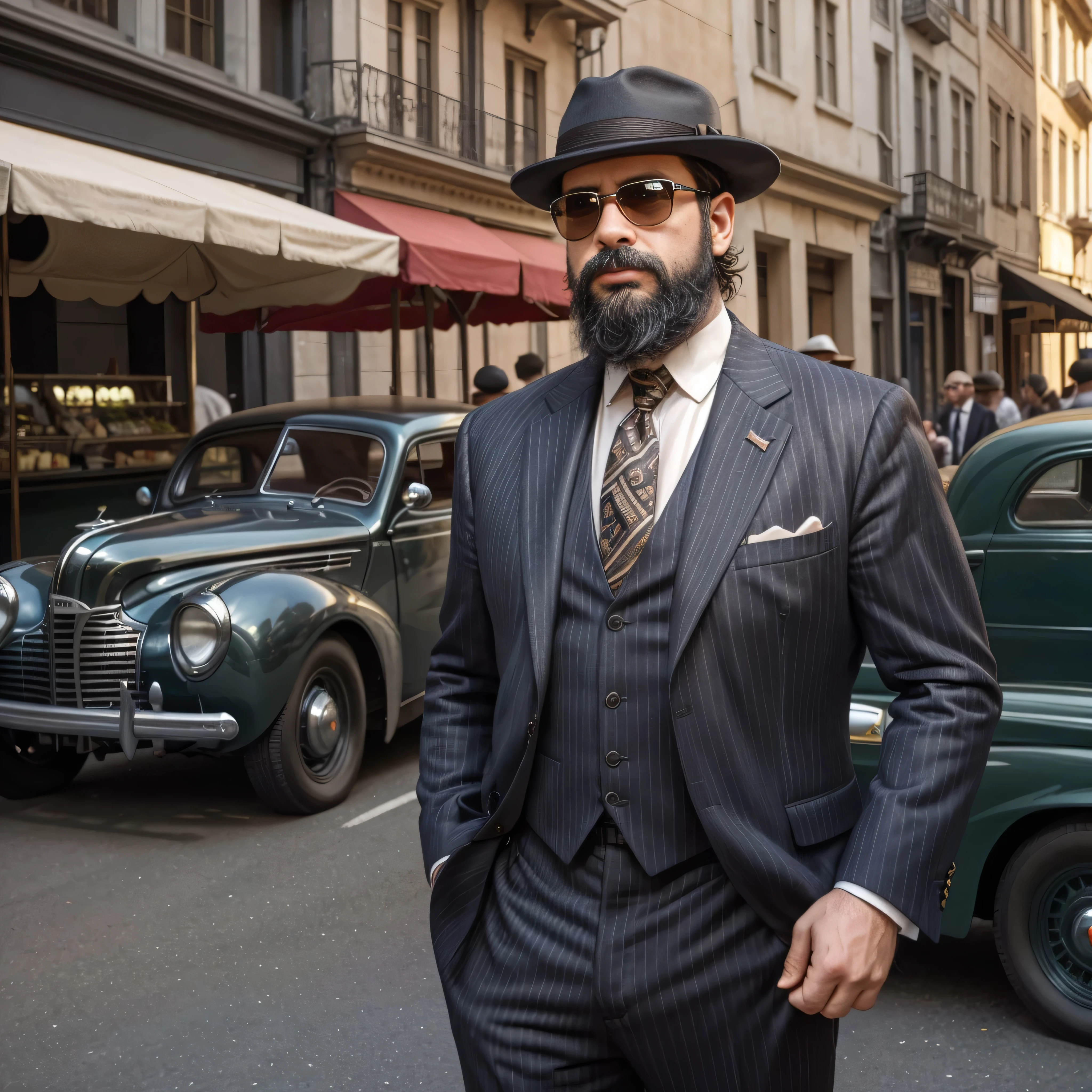 A realistic and detailed upper-body portrait of a 38-year-old man with a beard and sunglasses. The man is dressed in 1940s attire, including a classic pinstripe suit, a fedora hat, and a tie. He is standing in a bustling 1940s city street, with vintage cars, street vendors, and people in period-appropriate clothing in the background. The overall setting should reflect the historical atmosphere with an emphasis on the fashion and architecture of the time. The lighting should be natural, as if the photo was taken on a sunny day, capturing the shadows and highlights realistically.