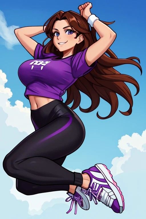 Masterpiece, high resolution, high quality, intricate details, anime girl, full body portrait, front view, 36 year old woman, mature face, mature beauty, brown hair, long wavy hair, blue eyes, athletic body, medium breasts, curvy hips, cheering, thrilled smile, excited expression on face, ((Wearing: Purple T-shirt, Black Leggings and white tennis shoes)), jumping, arms raised above head, looking at viewer, (Background: outdoors, soccer field, blue sky, clouds in the sky, crowd of people in the surroundings),
