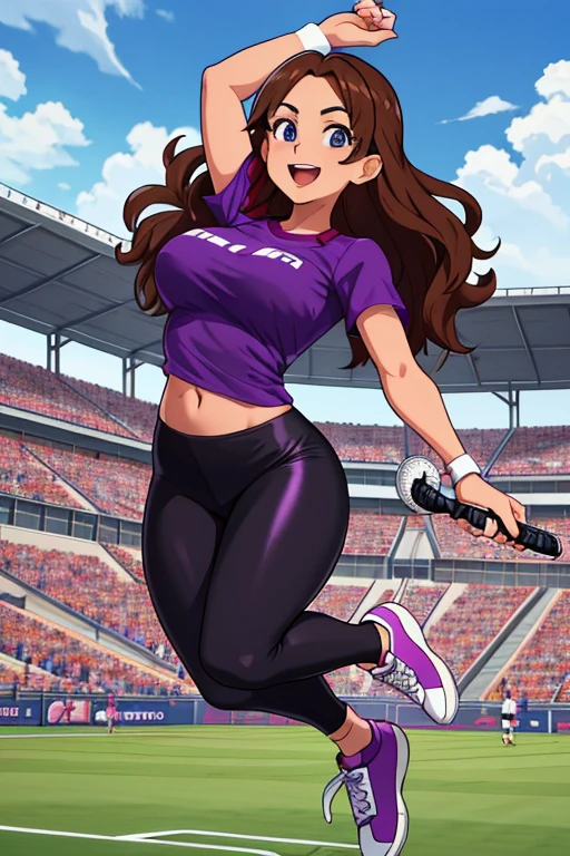 Masterpiece, high resolution, high quality, intricate details, anime girl, full body portrait, front view, 36 year old woman, mature face, mature beauty, brown hair, long wavy hair, blue eyes, athletic body, medium breasts, curvy hips, cheering, thrilled smile, excited expression on face, ((Wearing: Purple T-shirt, Black Leggings and white tennis shoes)), jumping, arms raised above head, looking at viewer, (Background: outdoors, soccer field, blue sky, clouds in the sky, crowd of people in the surroundings),
