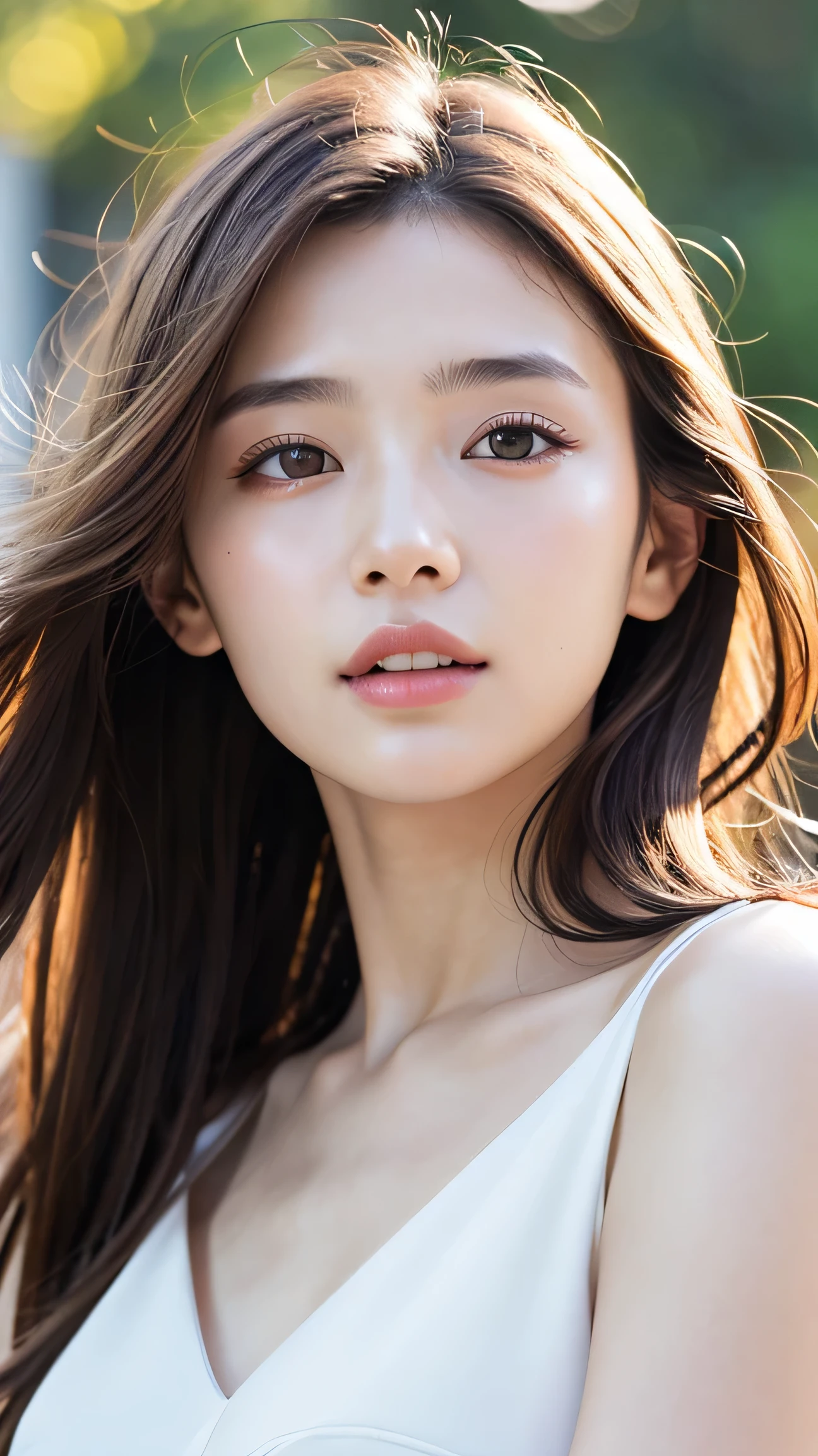 (RAW Photos, Highest quality), (Realistic, Realistic:1.3), Tabletop, Crying face, Very delicate and beautiful, Soft Light, (Brown Hair, Straight shoulder-length hair fluttering in the wind), Beautiful detailed girl, (Detailed fingers), Highly detailed eyes and face, Beautiful and detailed nose, Beautiful attention to detail, 1 Girl, Japanese, Pure beauty, cute, (Half Body:1.3), Realistic face, Realistic body,