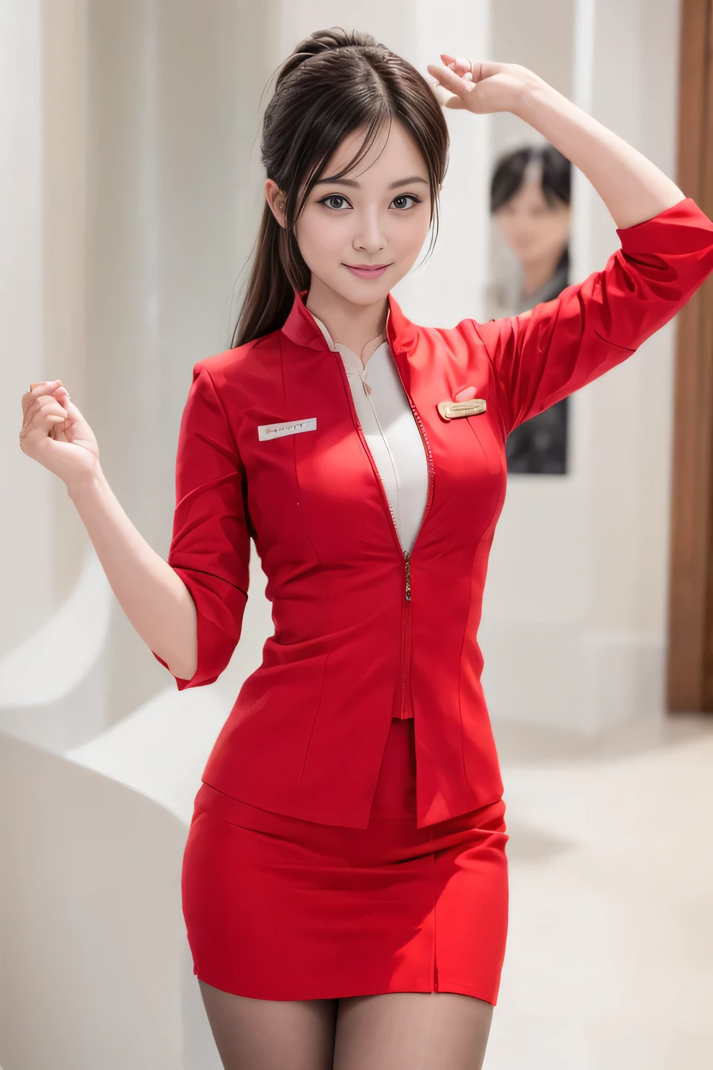 (masterpiece:1.2, highest quality:1.2), 32K HDR, High resolution, (alone、1 girl)、(At the airport lounge、Professional Lighting)、Airport Lounge Background、Beautiful lounge view、(Realistic style with AirAsia flight attendant uniforms)、(AirAsia uniform unzipped red jacket、AirAsia uniform long sleeve red jacket、AirAsia uniform red mini tight skirt、AirAsia uniform white shirt unbuttoned)、Big Breasts、(AirAsia uniform shirt showing big breasts)、Dark brown hair、(Long Hair Up、Hair Bun)、Dark brown hair、Long Shot、((Fine hand:2.0)),((Harmonious body proportions:1.5)),((Normal limbs:2.0)),((Normal finger:2.0)),((Delicate eyes:2.0)),((Normal eyes:2.0)))、Luxury Necklace、Beautiful appearance,Place your hands around your stomach