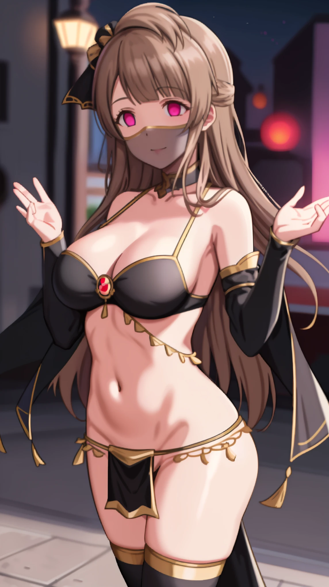 1 girl,NsfW, dnc_glam, mouth veil , wearing belly dancer costumes,Lewd Dancer, Black costume,((Evil costume)),Minami Kotori,(lovelive！),((Huge breasts 1.8)), clavicle, Glowing purple eyes,Absurd, brainwashing,Hollow Eyes, ((Expressionless, Emotional removal)),avert your eyes , Full body portrait, Outdoor,Dim Alley,night, (highest quality、4K、8k、High resolution、Must have:1.2)、Very detailed、(reality、reality的なです、reality的な:1.37)、Ticker、Hyper HD、Studio Lighting、Ultra High Definition Paint、Sharp focus、Physically Based Rendering、Extreme Detail、Professional specifications、Vibrancy and color、Blurred、Sports portrait、landscape、Horror Style、Anime Big Tits、sf、photograph、Concept Artist、Five Fingers, Perfect body,  {{{masterpiece}}}, {{{highest quality}}}, {{Very detailed}}, {shape}, {{Very delicate and beautiful}},Improved cost performance、All Roles、Canon 5D MK4でphotograph、photograph, 