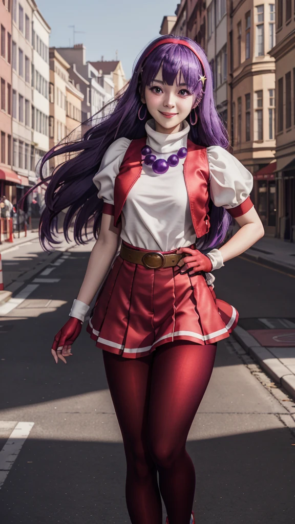 (masterpiece), (best quality), (ultra-detailed), intricate detail, athena97, 1girl, solo, purple eyes, purple hair, long hair, white earrings, red hairband, star hair ornament, medium breats, red vest, white turtleneck, white puffy sleeves, short sleeves, red pleated skirt, (deep red pantyhose:1.2), black pantyhose, yellow belt, purple sphere shape necklace, red fingerless gloves, white short socks, red shoes, (outdoors), photography, smile, blush, sunny, cowboy shot, blurry background, street background,