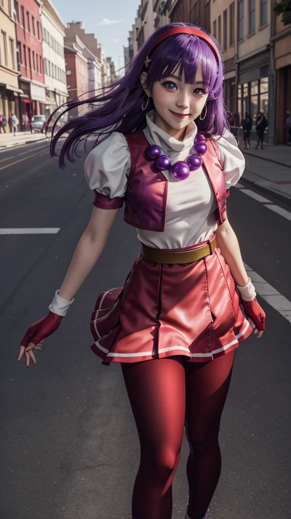 (masterpiece), (best quality), (ultra-detailed), intricate detail, athena97, 1girl, solo, purple eyes, purple hair, long hair, white earrings, red hairband, star hair ornament, medium breats, red vest, white turtleneck, white puffy sleeves, short sleeves, red pleated skirt, (deep red pantyhose:1.2), black pantyhose, yellow belt, purple sphere shape necklace, red fingerless gloves, white short socks, red shoes, (outdoors), photography, smile, blush, sunny, cowboy shot, blurry background, street background,