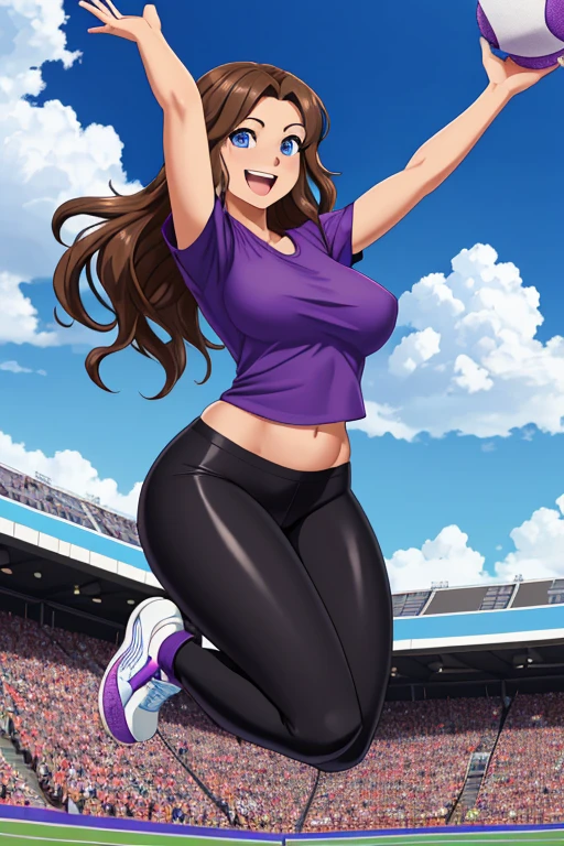 Masterpiece, high resolution, high quality, intricate details, anime girl, full body portrait, front view, 36 year old woman, mature face, mature beauty, brown hair, long wavy hair, blue eyes, athletic body, medium breasts, curvy hips, cheering, thrilled smile, excited expression on face, ((Wearing: Purple T-shirt, Black Leggings and white tennis shoes)), jumping, arms raised above head, looking at viewer, (Background: outdoors, soccer field, blue sky, clouds in the sky, crowd of people in the surroundings),