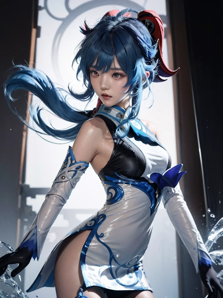 ganyudef, blue hair, Jeong-Hun Seong-Hun, (masterpiece), (best quality), (ultra detailed),(disheveled hair),(illustration), (1girl), (Fashionable clothing), standing, Fashion model, looking at viewer, (interview), beautiful detailed eyes, delicate beautiful face, Floating,(high saturation),(colorful splashes),(shining), focus on face,