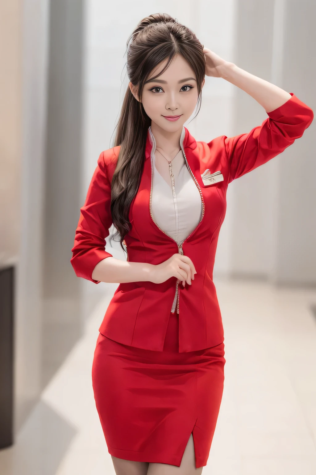 (masterpiece:1.2, highest quality:1.2), 32K HDR, High resolution, (alone、1 girl)、(At the airport lounge、Professional Lighting)、Airport Lounge Background、Beautiful lounge view、(Realistic style with AirAsia flight attendant uniforms)、(AirAsia uniform unzipped red jacket、AirAsia uniform long sleeve red jacket、AirAsia uniform red mini tight skirt、AirAsia uniform white shirt unbuttoned)、Big Breasts、(AirAsia uniform shirt showing big breasts)、Dark brown hair、(Long Hair Up、Hair Bun)、Dark brown hair、Long Shot、((Fine hand:2.0)),((Harmonious body proportions:1.5)),((Normal limbs:2.0)),((Normal finger:2.0)),((Delicate eyes:2.0)),((Normal eyes:2.0)))、Luxury Necklace、Beautiful appearance,Place your hands around your stomach