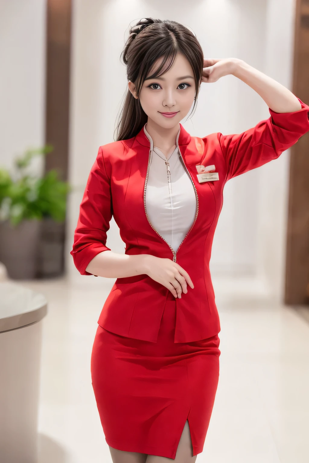 (masterpiece:1.2, highest quality:1.2), 32K HDR, High resolution, (alone、1 girl)、(At the airport lounge、Professional Lighting)、Airport Lounge Background、Beautiful lounge view、(Realistic style with AirAsia flight attendant uniforms)、(AirAsia uniform unzipped red jacket、AirAsia uniform long sleeve red jacket、AirAsia uniform red mini tight skirt、AirAsia uniform white shirt unbuttoned)、Big Breasts、(AirAsia uniform shirt showing big breasts)、Dark brown hair、(Long Hair Up、Hair Bun)、Dark brown hair、Long Shot、((Fine hand:2.0)),((Harmonious body proportions:1.5)),((Normal limbs:2.0)),((Normal finger:2.0)),((Delicate eyes:2.0)),((Normal eyes:2.0)))、Luxury Necklace、Beautiful appearance,Place your hands around your stomach