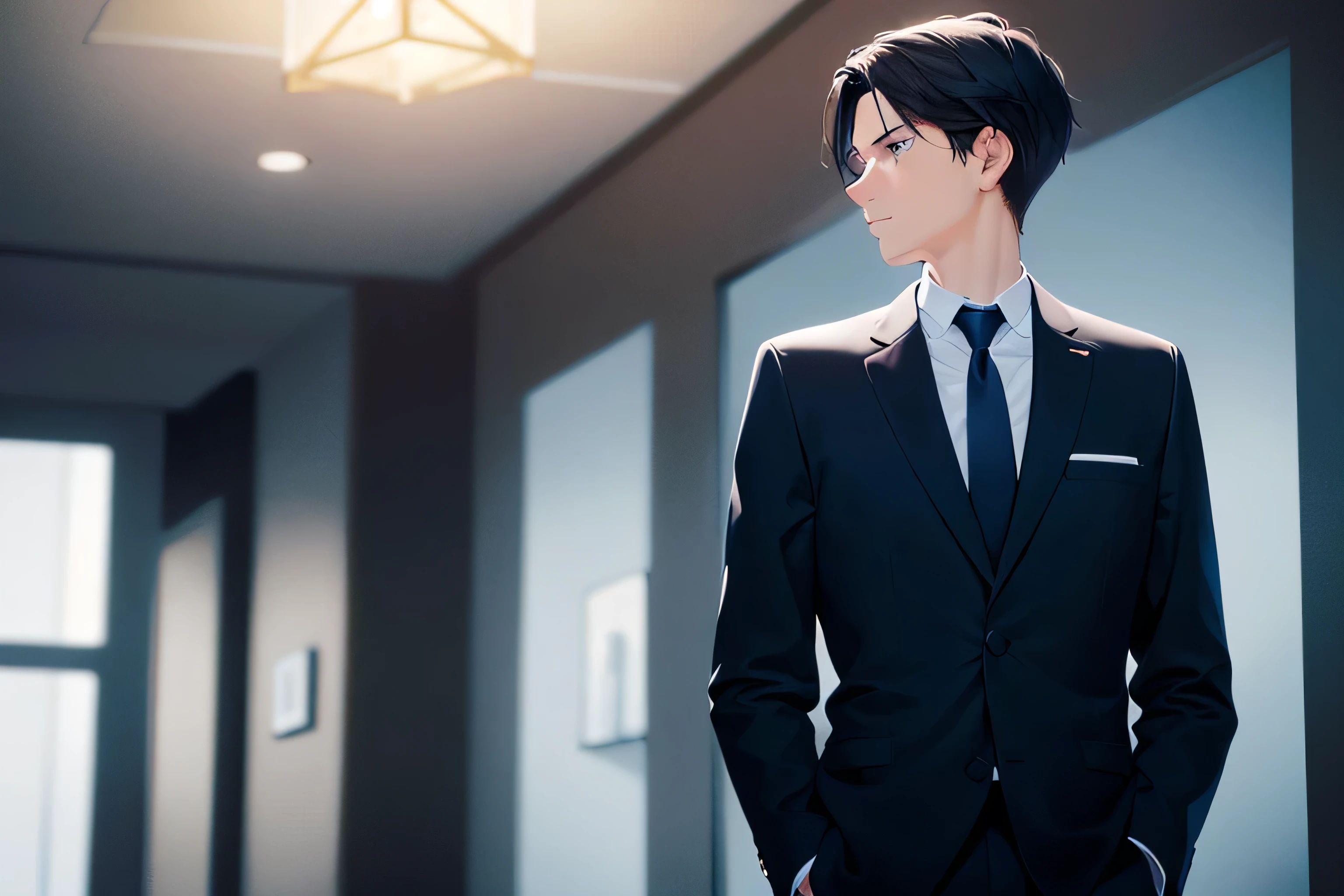 dutch angle, (looking away:2), masterpiece、high quality、25-year-old man with short black hair and blue eyes、wearing a suit、wearing a white shirt、Wearing a dark blue tie、(Alone:1.5)、(Expressionless:1.1)、The background is a dark bedrombold compositiondark lighting, dim lighting, salaryman, subject on left side of picture, subject looking to right of picture, hotel room, dark lighting