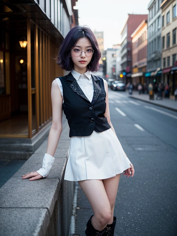 (1 lady), (Best quality at best:1.4), (ultra - detailed), (extremely detailed CG unified 16k), A Beautiful Woman with Perfect Figure: 1.4, Sharp Focus: 1.2, purple hair, very detailed, High-definition RAW color photo, professional photoshooting, amazing face and eyes, cosmetics, standing, (amazingly beautiful girl), ((kotomi)), ((exact clothes: white dress, black vest, Black Lace Bridal Gloves, glasses, combat boots)), (looking cute, immerse in her own thoughts expression), (City park, extremely detailed background, realistic background, first date vibes), (look from above), realistic cinematic face, head to feet long wide zoomed out view, full body long view, photorealistic, ((realistic natural purple hair style, purple eyes)), gorgeous, extremely beautiful face, pretty face, delicate girl, skinny but in good shape, perfect model beauty, pout mouth, Highly Detailed Face and Skin Texture, Detailed Eyes, Double Eyelids, Medium size breasts, shy but motivated expression, (masterpiece), best quality, high resolution, extremely detailed, cinematic lighting, amazing legs, clear and well-cared skin, (milky pale skin, white skin like milk)
