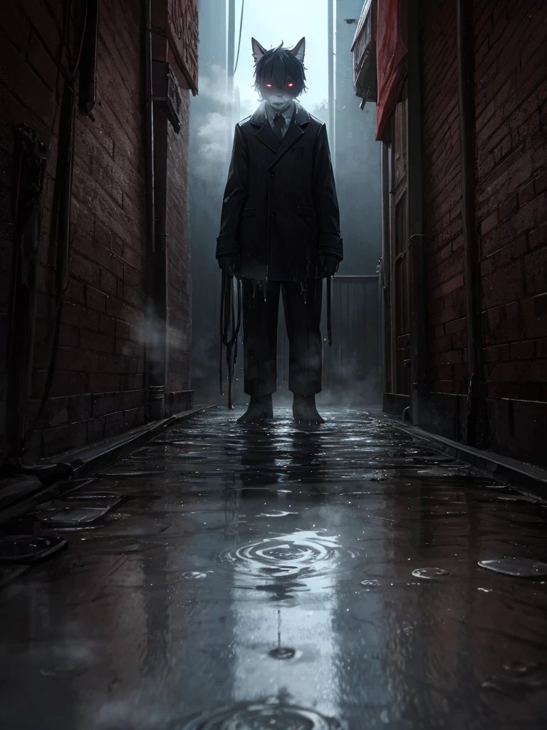 horror movie, (small puddle:1.2) at feet, steam rising from the puddle