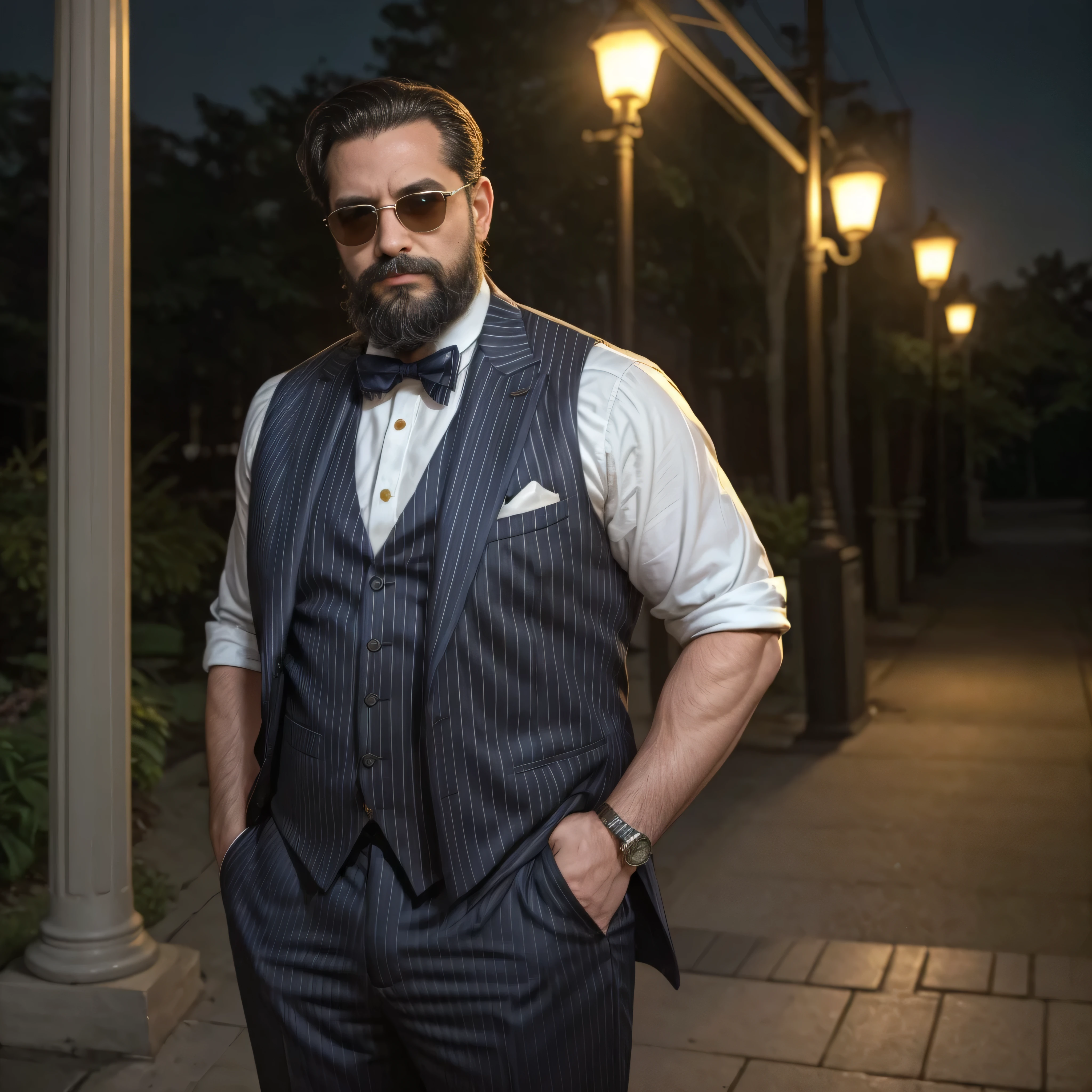 {
"prompt": "A highly realistic upper-body portrait of a 38-year-old man with a beard and sunglasses. The man is dressed in 1920s attire, wearing a tailored, pinstripe suit with a matching vest, a crisp white dress shirt, and a bow tie. His beard is neatly groomed, and his sunglasses are round and vintage in style. He stands in front of a classic 1920s speakeasy, with Art Deco details, an old-fashioned lamp post, and vintage cars in the background. The scene is set during the evening with warm, ambient street lighting casting realistic shadows and highlights on his face and clothing.",
"size": "1024x1024",
"n": 1
}