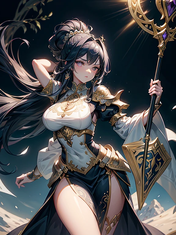 A majestic artwork of a graceful female paladin standing in a grand, medieval landscape. The full-body view reveals her adorned in exquisitely designed armor that combines elegance and strength. Her gleaming silver armor is intricately engraved with swirling patterns and symbols of protection and valor. The breastplate features delicate filigree and gem inlays, while her gauntlets and greaves are finely etched, catching the light with every movement. She wears an ornate, deep purple cape that flows gracefully behind her. Her long black hair is tied in a sleek ponytail, cascading down her back, complementing her regal appearance. Her striking amethyst purple eyes, filled with resolve and determination, enhance her beauty and strength. She carries a beautifully crafted shield, embossed with intricate heraldic symbols and protective runes, its edges reinforced with gold trim. In her other hand, she wields a formidable mace, adorned with intricate engravings and inlaid gemstones that shimmer softly. The background features a sprawling castle with tall spires against a dawn sky. Rolling hills and lush meadows stretch out before her, with a serene river winding through the landscape. Birds take flight in the early morning light, enhancing the sense of peace and anticipation. The paladin stands poised and ready, embodying both grace and power, a guardian of the land and a beacon of hope for all who gaze upon her. Her presence is commanding and inspiring, a true paragon of beauty and strength.
