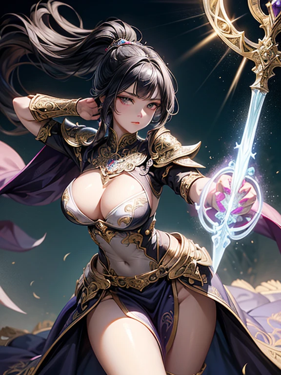 A majestic artwork of a graceful female paladin standing in a grand, medieval landscape. The full-body view reveals her adorned in exquisitely designed armor that combines elegance and strength. Her gleaming silver armor is intricately engraved with swirling patterns and symbols of protection and valor. The breastplate features delicate filigree and gem inlays, while her gauntlets and greaves are finely etched, catching the light with every movement. She wears an ornate, deep purple cape that flows gracefully behind her. Her long black hair is tied in a sleek ponytail, cascading down her back, complementing her regal appearance. Her striking amethyst purple eyes, filled with resolve and determination, enhance her beauty and strength. She carries a beautifully crafted shield, embossed with intricate heraldic symbols and protective runes, its edges reinforced with gold trim. In her other hand, she wields a formidable mace, adorned with intricate engravings and inlaid gemstones that shimmer softly. The background features a sprawling castle with tall spires against a dawn sky. Rolling hills and lush meadows stretch out before her, with a serene river winding through the landscape. Birds take flight in the early morning light, enhancing the sense of peace and anticipation. The paladin stands poised and ready, embodying both grace and power, a guardian of the land and a beacon of hope for all who gaze upon her. Her presence is commanding and inspiring, a true paragon of beauty and strength.
