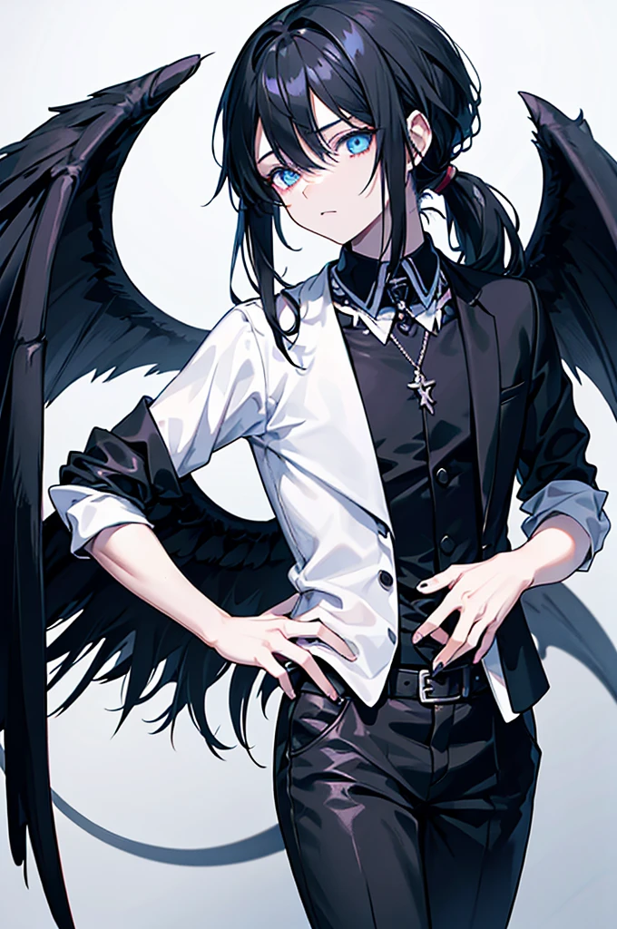 Boy with medium-length black hair in a ponytail, an X-shaped fringe, demon and black wings, wearing an elegant outfit, blue eyes, and a scar on his left eye