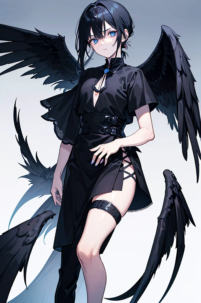 Boy with medium-length black hair in a ponytail, an X-shaped fringe, demon and black wings, wearing an elegant outfit, blue eyes, and a scar on his left eye