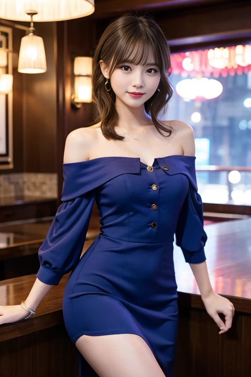highest quality、8k wallpaper、Reality:1.4、Photographed by a professional photographer、Cinema Lighting、View your viewers、background:Gorgeous bar lounge at night、1 beautiful girl、Japanese Idol、19 years old、Beautifully detailed eyes、Detailed face、Beautiful Skin、Slender、Slim waist、Thin legs、Red lipstick、Blonde: 3.5、Random hairstyle、Asymmetrical bangs、Off-the-shoulder dress、I can see your chest 、smile:1.4、Seductive pose、