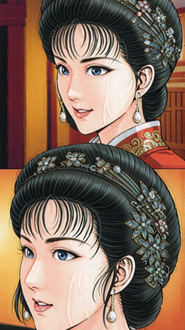 (best quality), (very aesthetic), (ultra-detailed), (best illustration),(a  female),(perfect face),Suikoden,Mrs. Lin,(NSFW),((full_body)),((full_nude))urprised face)),Hands covering mouth,Pregnancy discovery,red cheek,sweating,skinny,flushed skin,hairly pussy,Therwhite semen all over ody,There is white semen on the lips,ch traditional bed room,