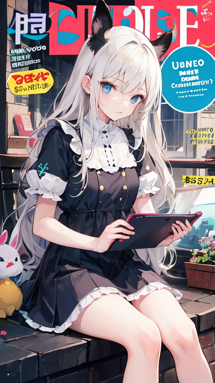 a girl,Cabello blanco,con Orejas de conejo,Tiene una tablet,comic