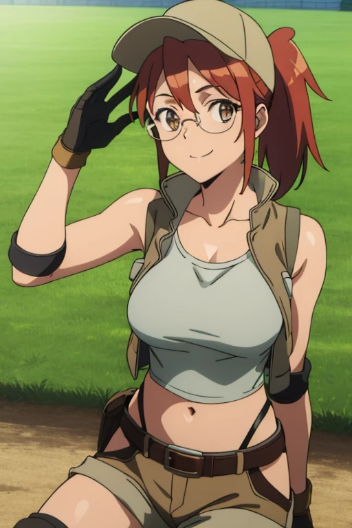 (masterpiece, best quality:1.2),illustration,8k,hd,1girl,solo,upper body,(portrait:1.2),large breasts,round eyewear,hat,crop top,midriff,gloves,navel,baseball cap,knee pads,short shorts,ponytail,boots,brown eyes,brown shorts,belt,smile, pack,brown headwear,red hair,hip vent,tank top,long hair,vest,huge breasts, upper body,outdoors, ((glasses 1.2)), full body