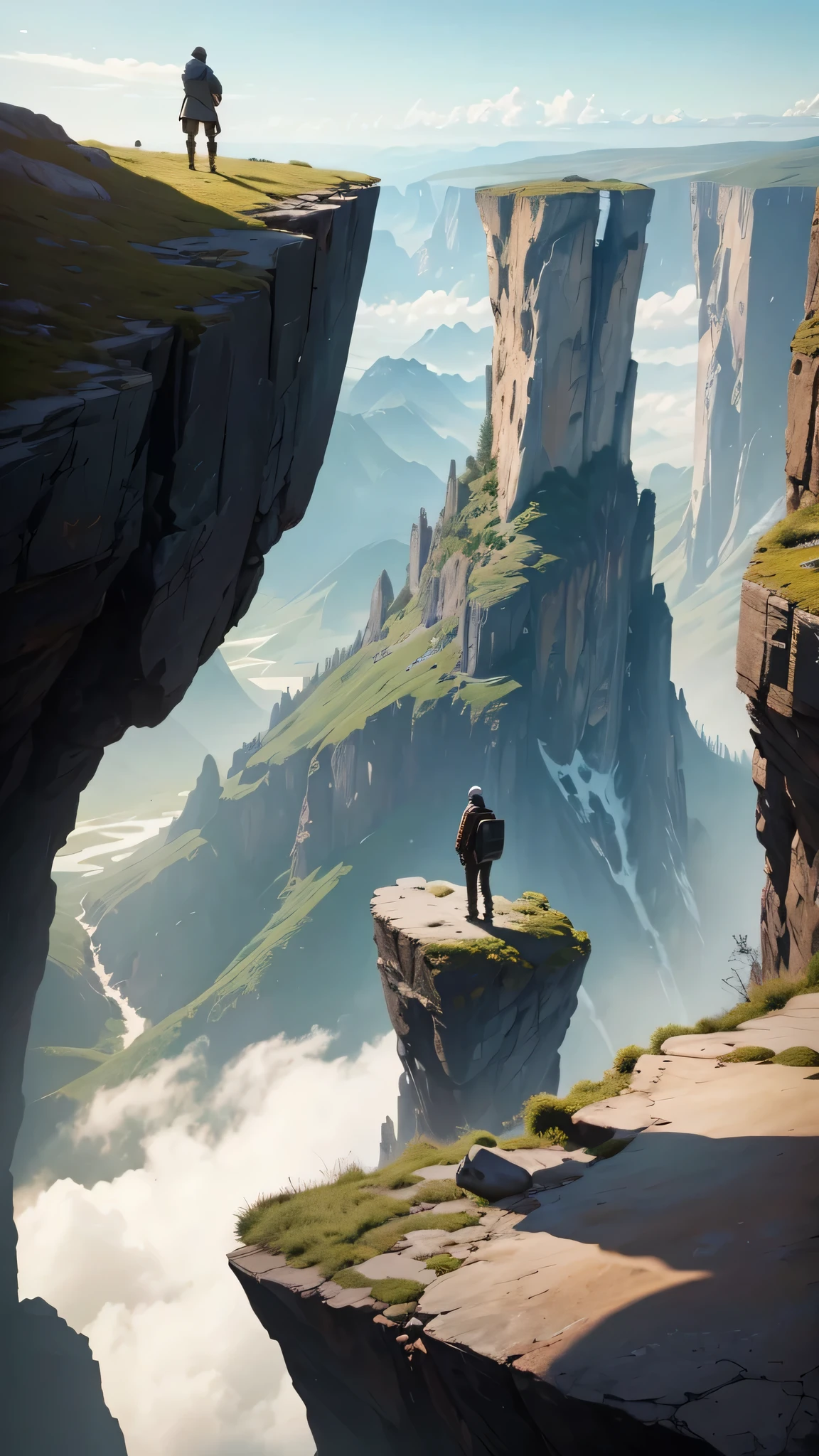 a lone man standing on the edge of a massive cliff, gazing out at the vast panoramic landscape, sky clean, mountain in the distance, wearing traveler's attire, accompanied by a peculiar mount prehistoric creature, (best quality,4k,8k,highres,masterpiece:1.2),ultra-detailed,(realistic,photorealistic,photo-realistic:1.37),cinematic lighting,dramatic,atmospheric,award winning photograph