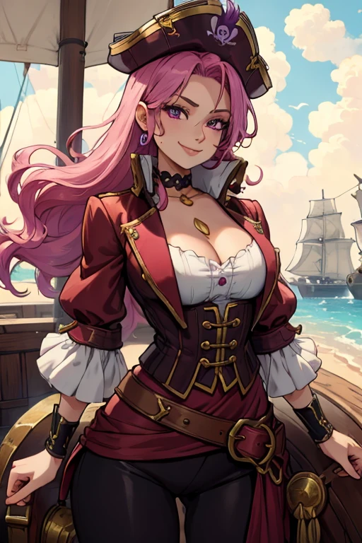 A pink haired female pirate with violet eyes with an hourglass figure in a pirate outfit is smiling in flurry of golden coins