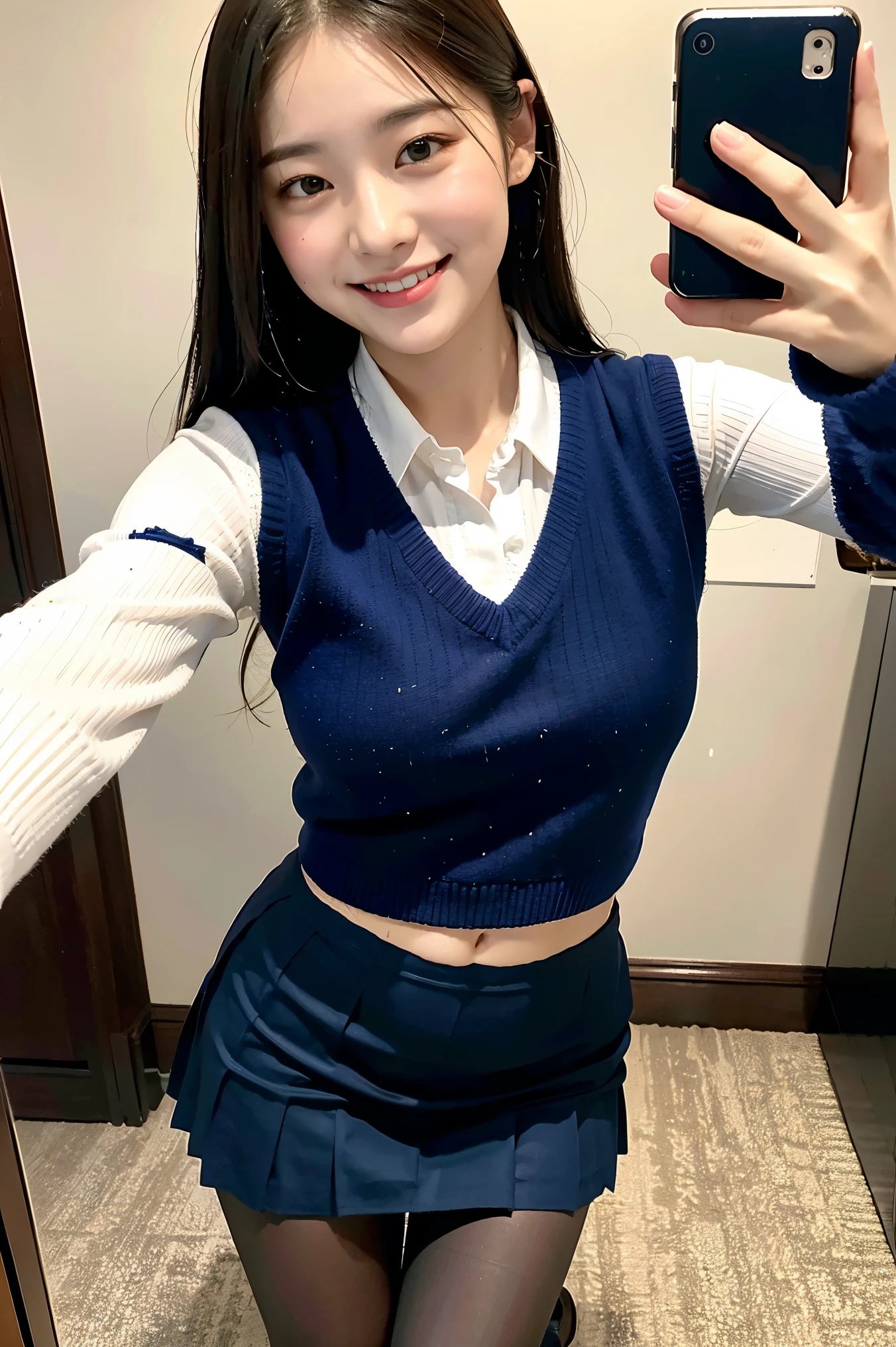 (8k), (highest quality: 1.2), (Realistic), (Realistic: 1.37), Ultra-high resolution, 1 girl, cute, smile, Mouth closed, Beautiful details, Beautiful Nose, whole body, Wet Hair, Giant Dulcefo, pork, Thighs，Selfie,University uniform,A simple navy blue knit vest,Pleated skirt,Are standing, Natural Pantyhose 