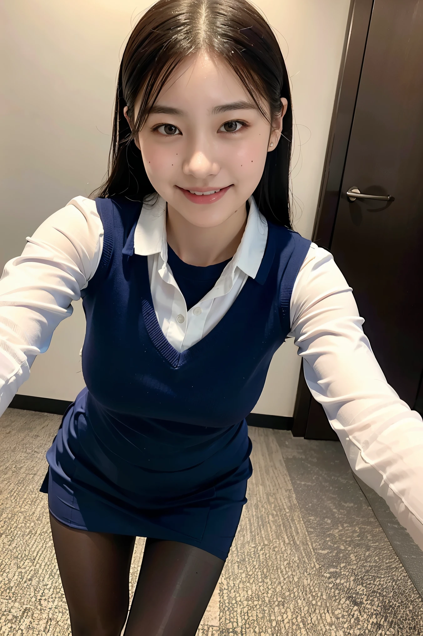 (8k), (highest quality: 1.2), (Realistic), (Realistic: 1.37), Ultra-high resolution, 1 girl, cute, smile, Mouth closed, Beautiful details, Beautiful Nose, whole body, Wet Hair, Giant Dulcefo, pork, Thighs,Selfie,University uniform,A simple navy blue vest,Pleated skirt,Are standing,( Natural Pantyhose ,