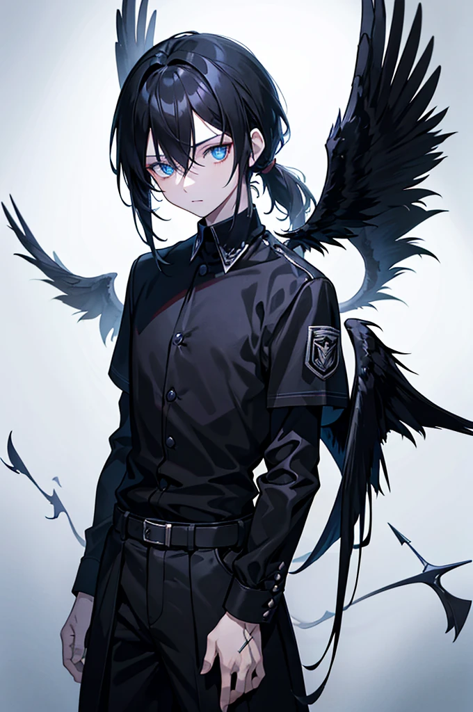 Boy with medium-length black hair in a ponytail, an X-shaped fringe, demon and black wings, wearing an elegant outfit, blue eyes, and a scar on his left eye