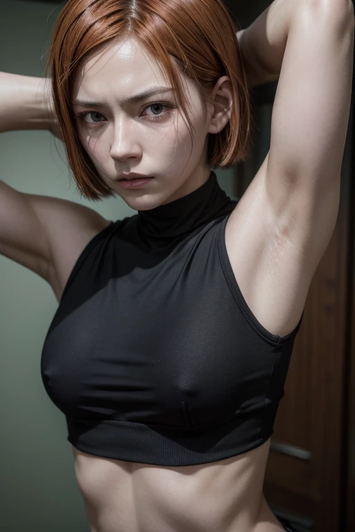 4k, masterpiece, nobara kugisaki, jujutsu kaisen, , young,wearing croptop, armpits, armpits visible, sweaty armpits, 