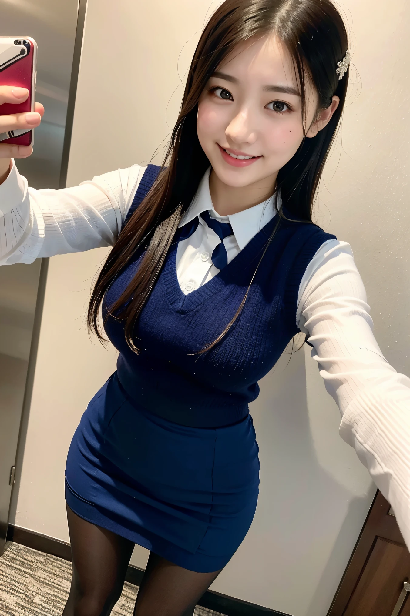 (8k), (highest quality: 1.2), (Realistic), (Realistic: 1.37), Ultra-high resolution, 1 girl, cute, smile, Mouth closed, Beautiful details, Beautiful Nose, whole body, Wet Hair, Giant Dulcefo, pork, Thighs，Selfie,University uniform,A simple navy blue knit vest,Pleated skirt,Are standing, (Natural Pantyhose:1.2 )