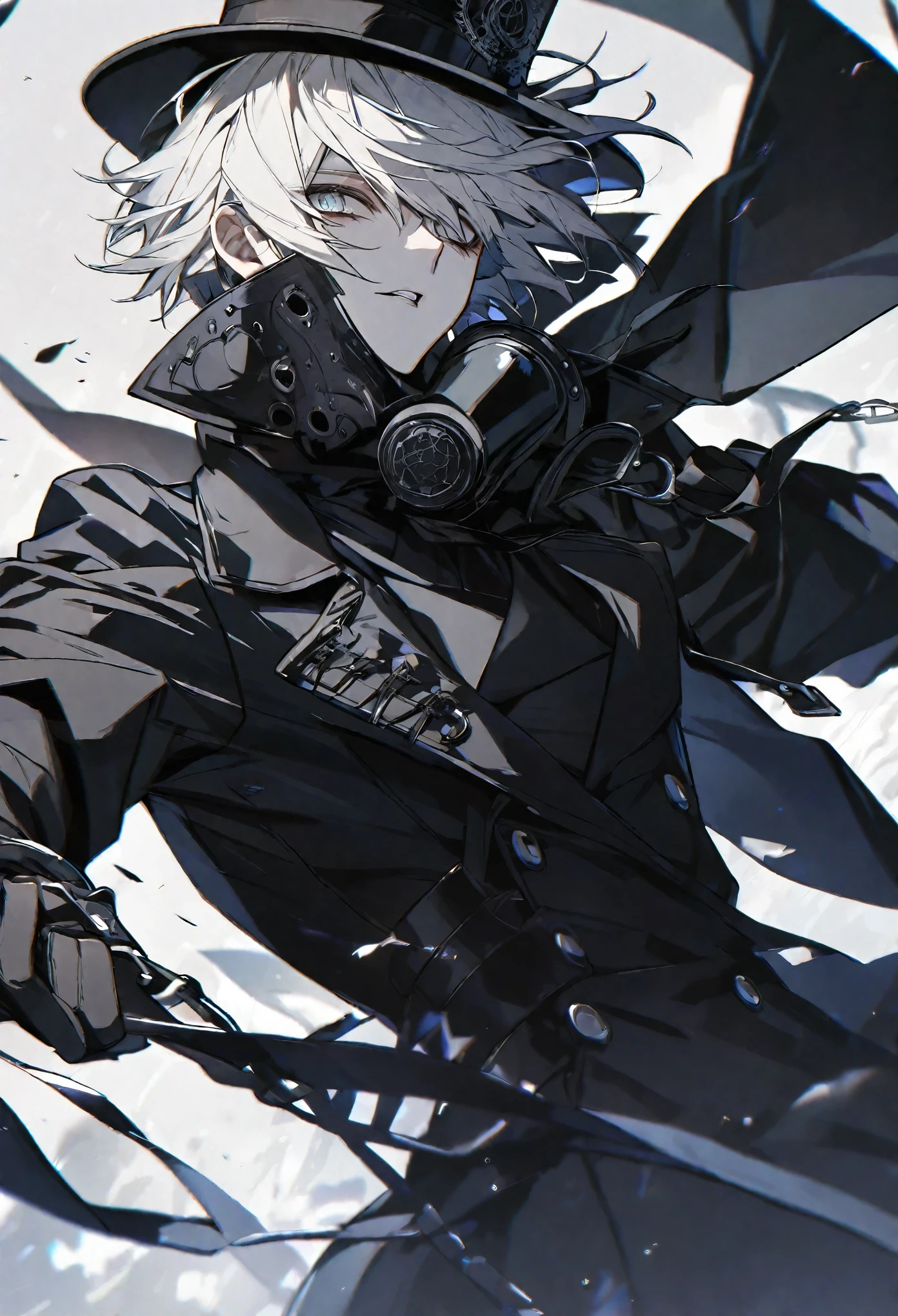 solo, handsome, 1 male, short hair, white color hair, white eyes, black coat, black plague doctor mask, black gloves, black top hat