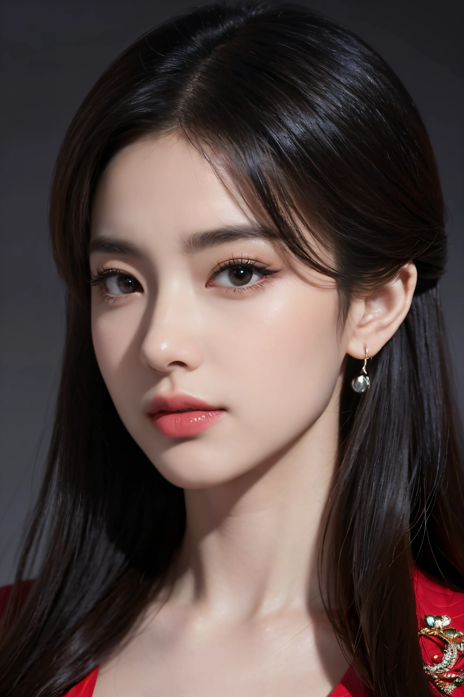 masterpiece，Best quality，high resolution，8K，(portrait)，((Head close-up))，original photo，real picture，Digital Photography，(Queen of the Modern World)，(female president)，20-year-old girl，Feel free to hairstyle，Red eyelashes)，Large Breasts，pectoral groove， Accessories，Red lips，Keep your mouth smooth and attractive，Serious and arrogant，Calm and handsome，(Women&#39;s business suit，Black)，Photo poses，Realistic style，Gray background，oc render reflection texture