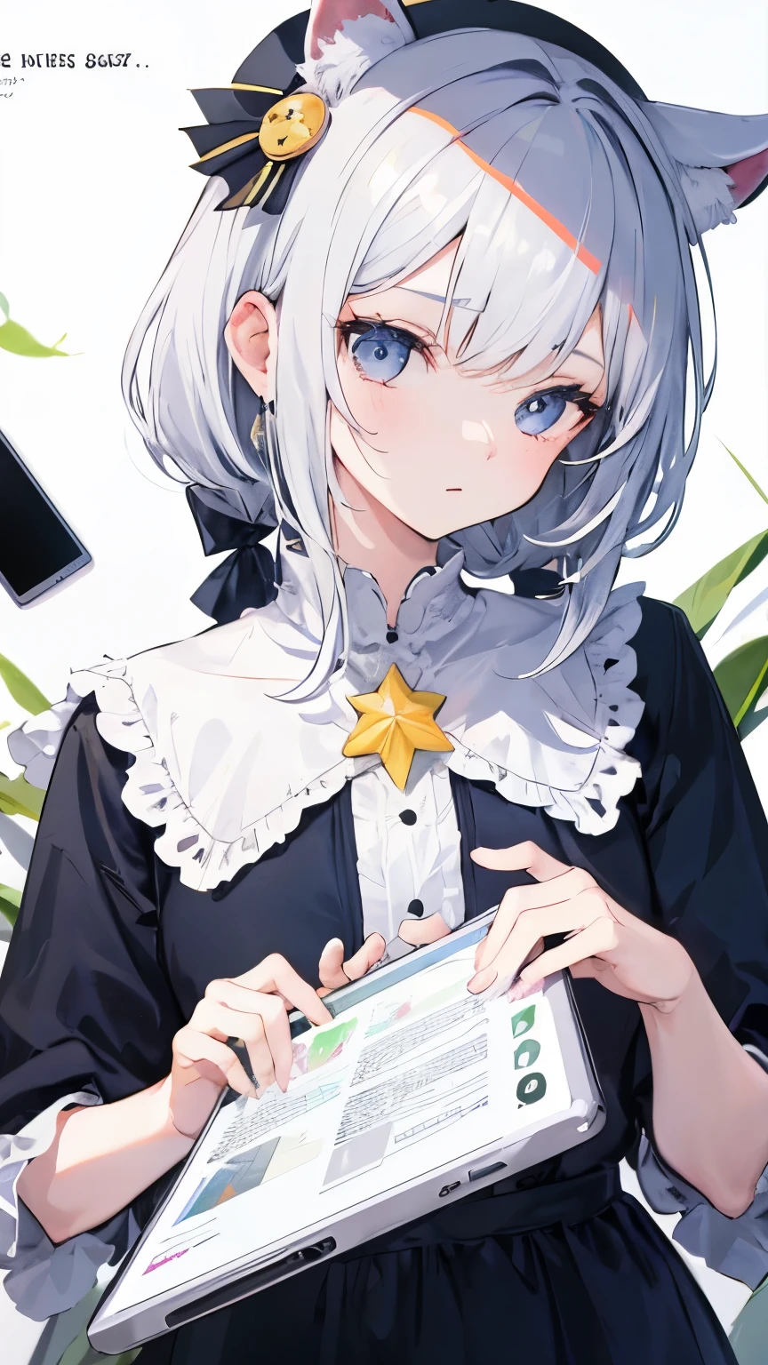 a girl,Cabello blanco,con Orejas de conejo,Tiene una tablet,comic,esta escrito ConstelacionDelCaos