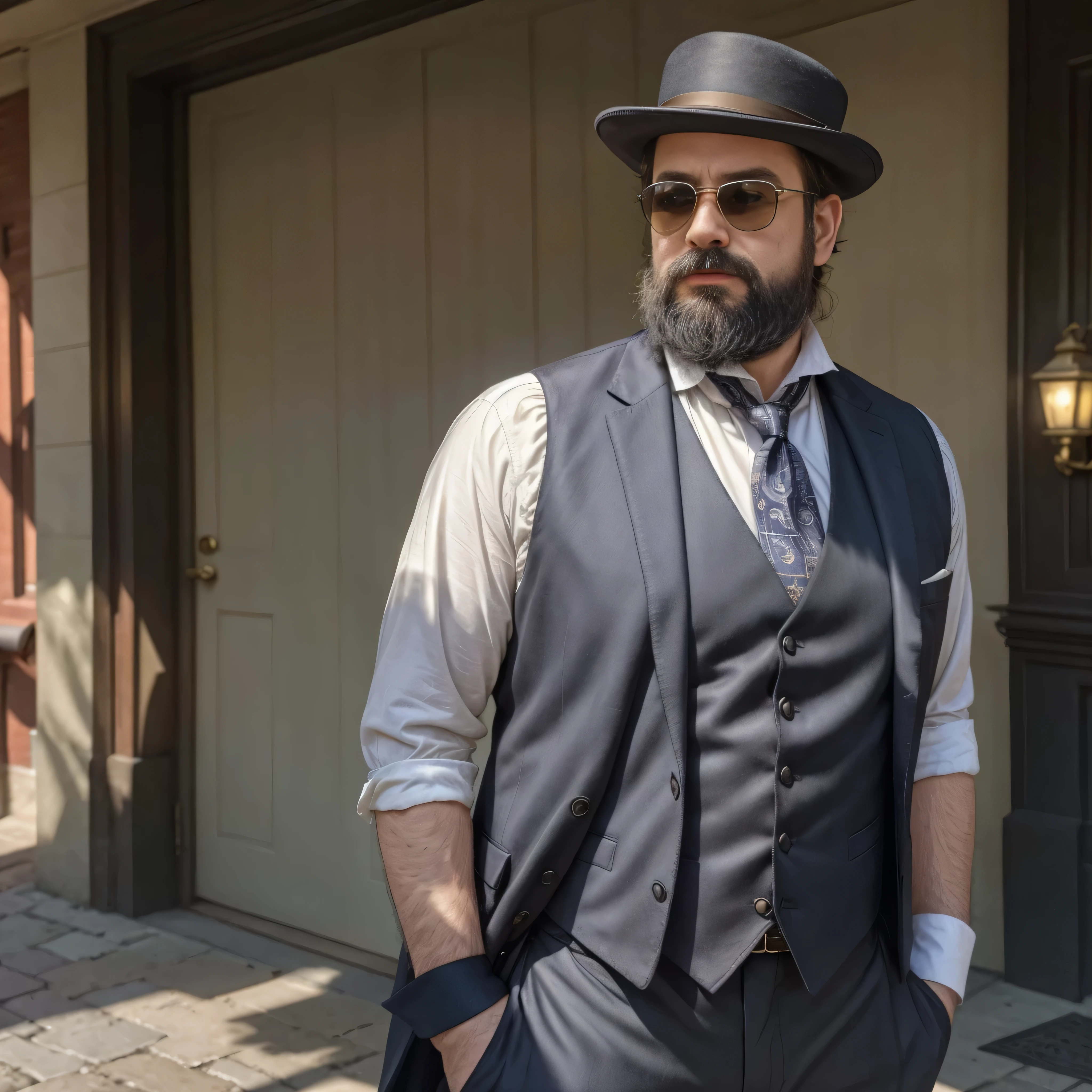 {
"prompt": "A highly realistic upper-body portrait of a 38-year-old man with a beard and sunglasses. The man is dressed in Victorian-era attire, featuring a tailored dark suit, a high-collared white shirt, a patterned waistcoat, and a cravat. His beard is neatly trimmed, and his sunglasses have a vintage, round design. He stands in a Victorian street scene, with cobblestone roads, gas lamps, and horse-drawn carriages in the background. The background also includes pedestrians in period-appropriate clothing. The scene is set during the afternoon with soft, diffused lighting, creating natural shadows and highlights on his face and clothing.",
"size": "1024x1024",
"n": 1
}