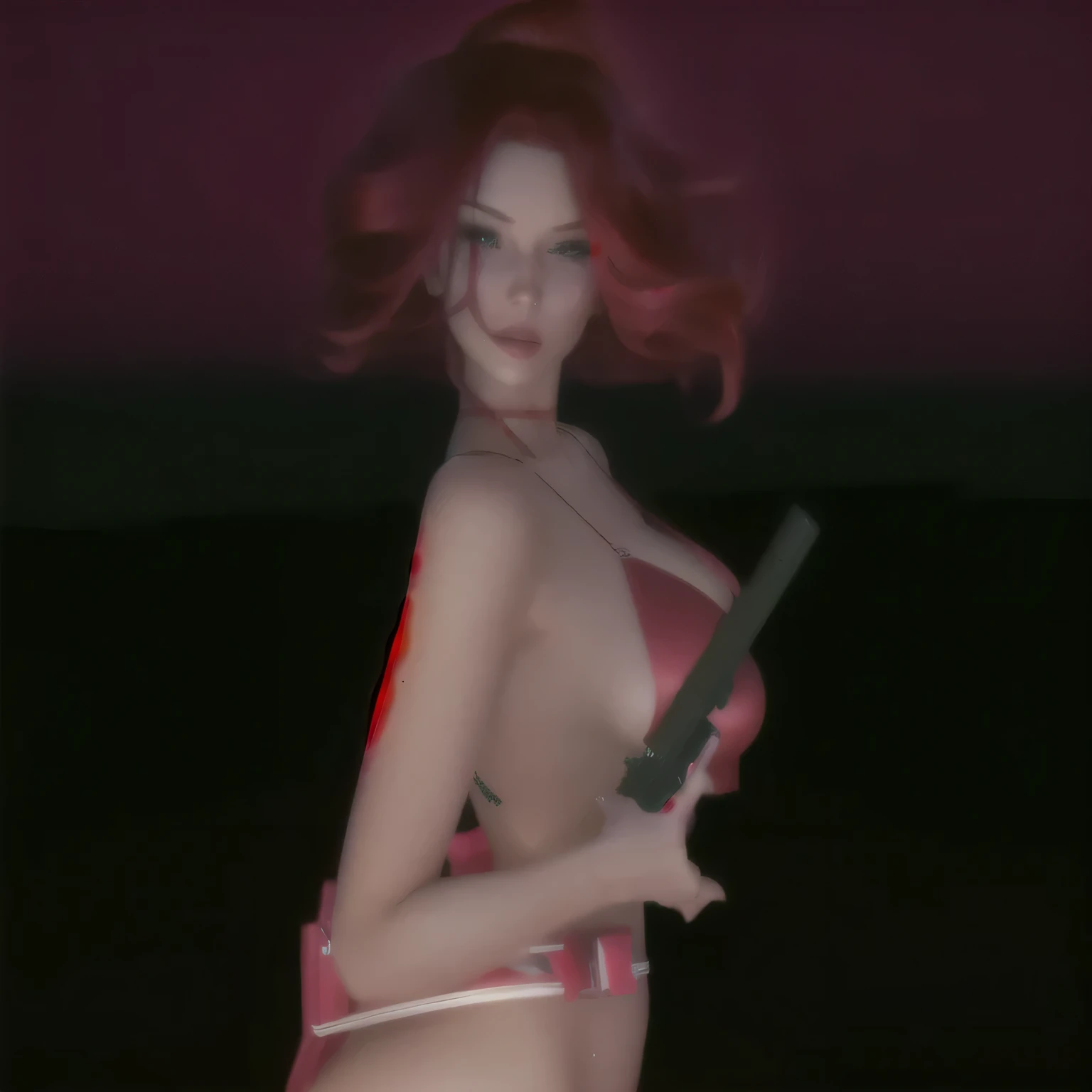 there is a woman in a red bikini holding a gun, red haired goddess, red hair girl, red waist-long hair, red realistic 3 d render,pinup, action glamour pose, pinup. red head, pinup pose