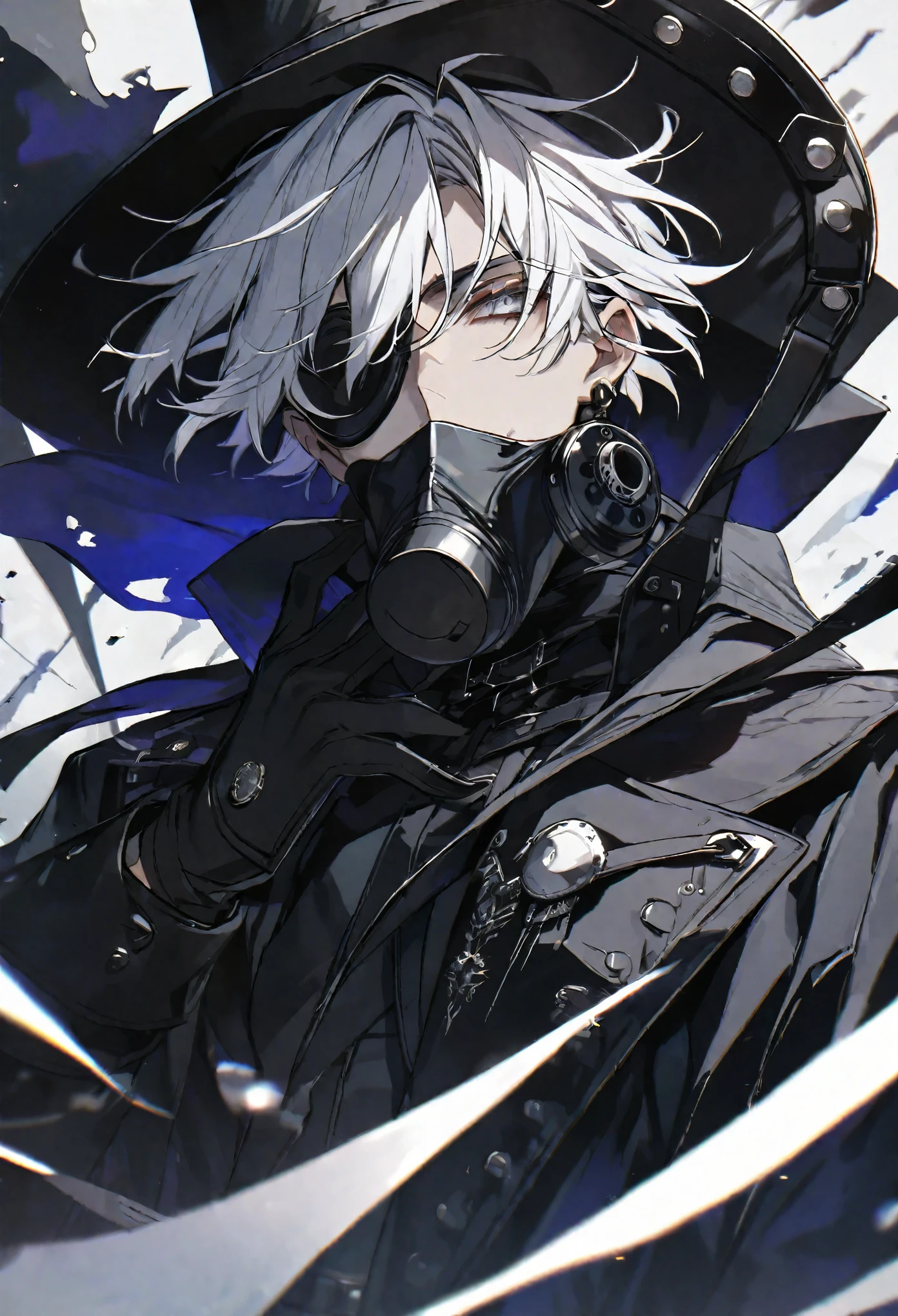 solo, handsome, 1 male, short hair, white color hair, white eyes, black coat, black plague doctor mask, black gloves, black top hat