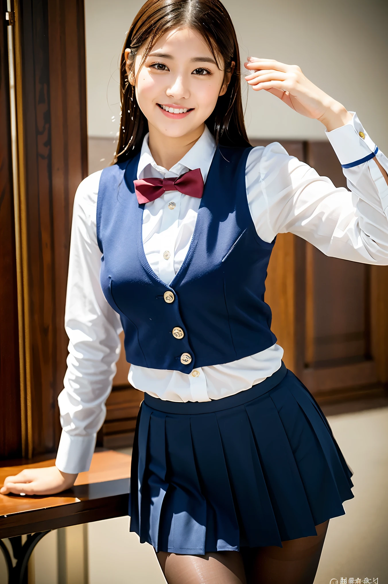 (8k), (highest quality: 1.2), (Realistic), (Realistic: 1.37), Ultra-high resolution, 1 girl, cute, smile, Mouth closed, Beautiful details, Beautiful Nose, whole body, Wet Hair, Giant Dulcefo, pork, Thighs,Selfie,University uniform,A simple navy blue vest,Pleated skirt,Are standing,( Natural Pantyhose ,