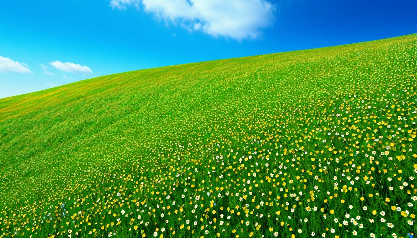 Green hill slope、 The hills are filled with millions of tiny wildflowers, Blue sky in the background, Attention to detail, masterpiece, High resolution, highest quality, Photorealistic, Super detailed photos, Human perspective