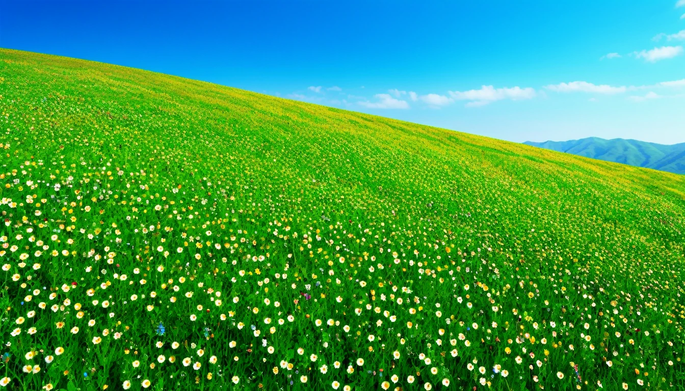 Green hill slope、 The hills are filled with millions of tiny wildflowers, Blue sky in the background, Attention to detail, masterpiece, High resolution, highest quality, Photorealistic, Super detailed photos, Human perspective