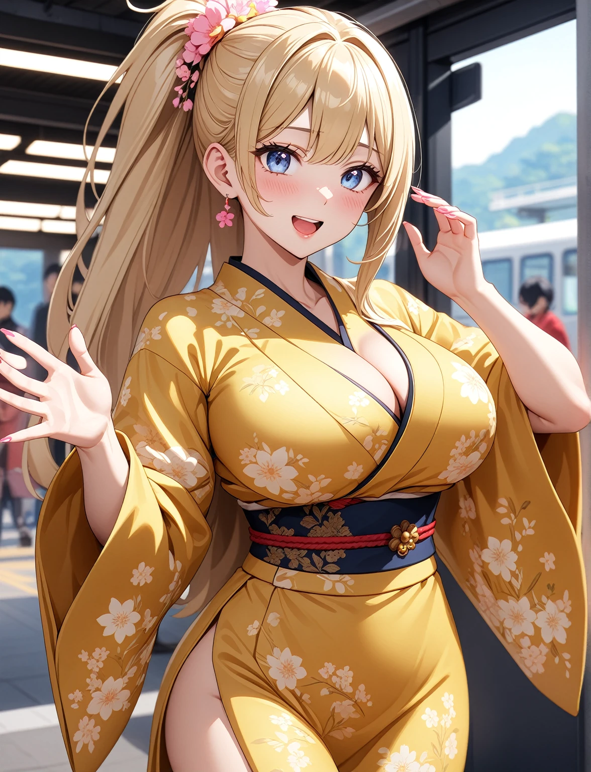 ((One woman)), Beautiful Face,Laughing embarrassedly,Blushing,Glossy pink lips,Daytime,Meet at the station ticket gate, ((Anime style background)),masterpiece, highest quality, so beautiful, up to date, Complex details, (Pink long nails),AI-generated, Complex,High resolution, highest quality, super high quality,3D Images、View the viewers、3D Images,one person,Long Blonde Hair,High Ponytail,blue eyes,Anime woman posing for a photo, [[Fine grain、Colorful eyes、Shining Eyes:1.15]],(Squint your eyes:1.1),a hyperRealistic , hyperRealistic , Realistic,Blonde anime woman with long hair, Smooth anime CG art, A woman in a gold embroidered kimono, (Yellow kimono),Floral pattern,Long flower hair ornament,Big earrings,(Large :1.2),Mature all,Big Ass,Fine deta,Narrow waist,Six-pack,Wave one hand to the audience