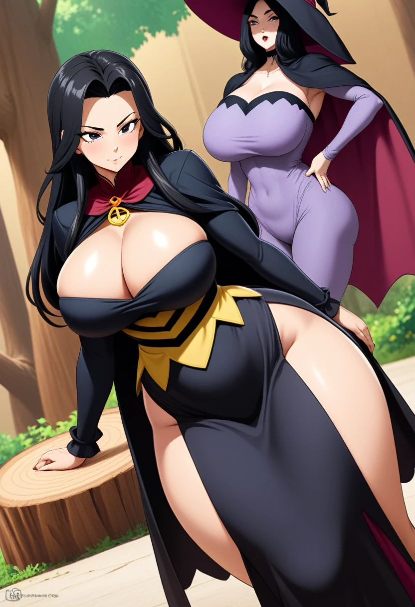 detailed illustration (side view),dynamic angle,ultra-detailed, illustration, pose for the camera, anime, clean line art woman, milf, milf bod, black hair, long hair, single person, woman, witch, witch costume, pants, tone stomach, flat stomach, thick thighs save lives, mommy, Dommy mommy, birthing hips, pixar mom ass, hips for days, tree trunk thighs Beautiful, youthful, college age, magic, sex symbol, massive breasts, big , deep cleavage, Morticia, Addams dress, tight dress,