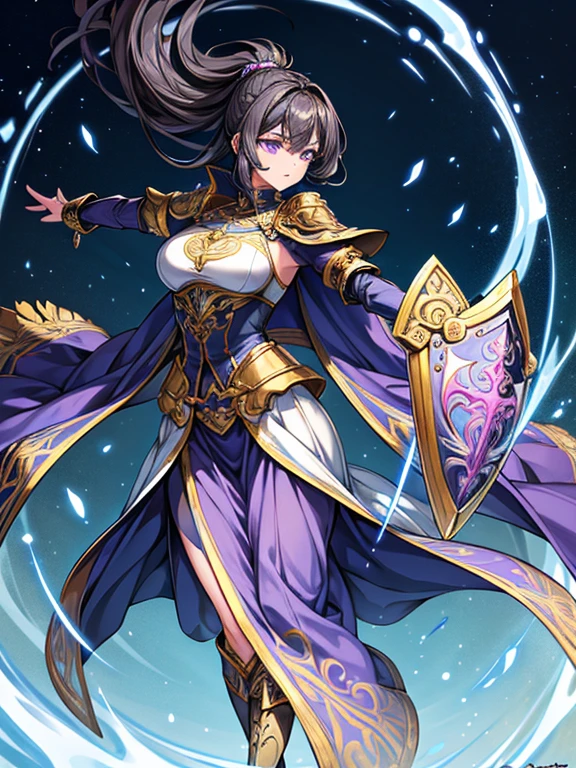 A majestic artwork of a graceful female paladin standing in a grand, medieval landscape. The full-body view reveals her adorned in exquisitely designed armor that combines elegance and strength. Her gleaming silver armor is intricately engraved with swirling patterns and symbols of protection and valor. The breastplate features delicate filigree and gem inlays, while her gauntlets and greaves are finely etched, catching the light with every movement. She wears an ornate, deep purple cape that flows gracefully behind her. Her long black hair is tied in a sleek ponytail, cascading down her back, complementing her regal appearance. Her striking amethyst purple eyes, filled with resolve and determination, enhance her beauty and strength. She carries a beautifully crafted shield, embossed with intricate heraldic symbols and protective runes, its edges reinforced with gold trim. In her other hand, she wields a formidable mace, adorned with intricate engravings and inlaid gemstones that shimmer softly. The background features a sprawling castle with tall spires against a dawn sky. Rolling hills and lush meadows stretch out before her, with a serene river winding through the landscape. Birds take flight in the early morning light, enhancing the sense of peace and anticipation. The paladin stands poised and ready, embodying both grace and power, a guardian of the land and a beacon of hope for all who gaze upon her. Her presence is commanding and inspiring, a true paragon of beauty and strength.