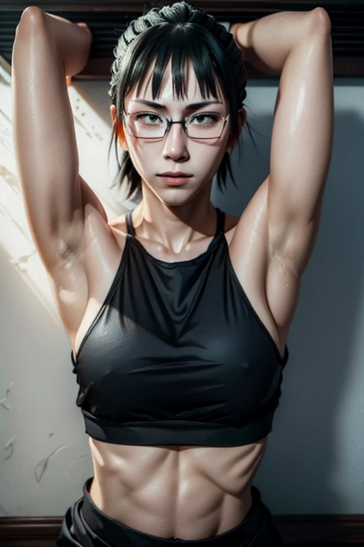 4k, masterpiece, maki zenin, jujutsu kaisen, , young,wearing croptop, armpits, armpits visible, sweaty armpits, wearing glasses,