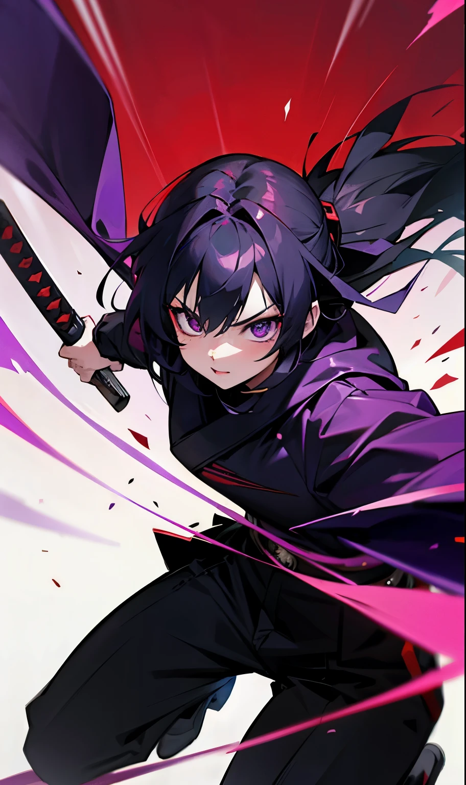 black katana with red running through it with purple blade 