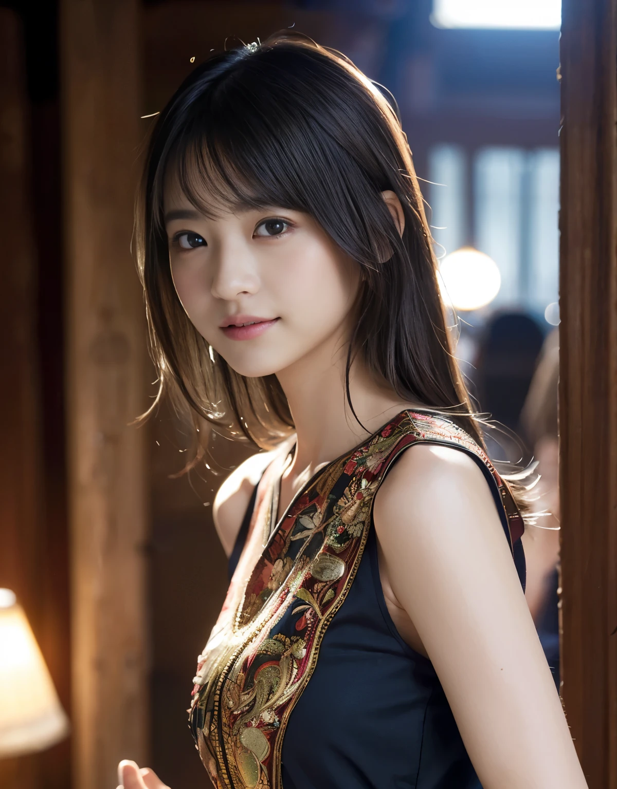 (1 girl)、highest quality、masterpiece、超A high resolution、(Photoreal:1.4)、Raw photo、Only one girl、Portrait、Shadow、octane rendering、8K、intricate decorative details、Japan details、very intricate details、Close-up、realistic light、(mysterious look)、CG Society Trends、shining eyes、towards the camera, smiling, dancing