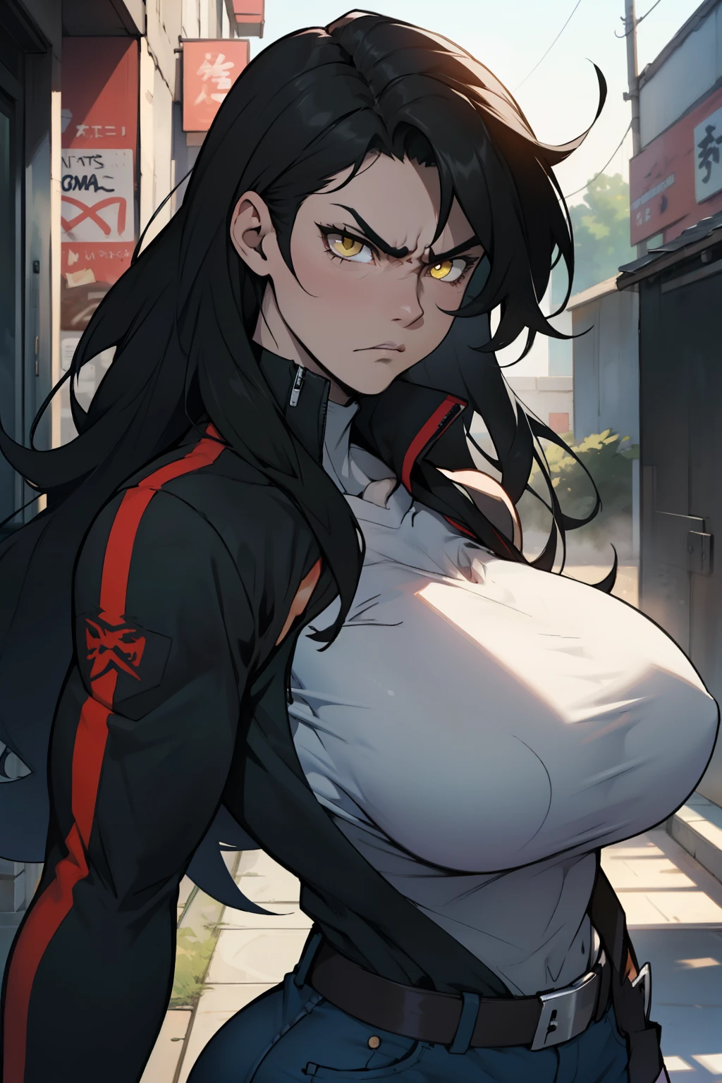 muscular girl huge breasts pale skin black hair long hair yellow eyes disdain annoyed disgusted disappointed