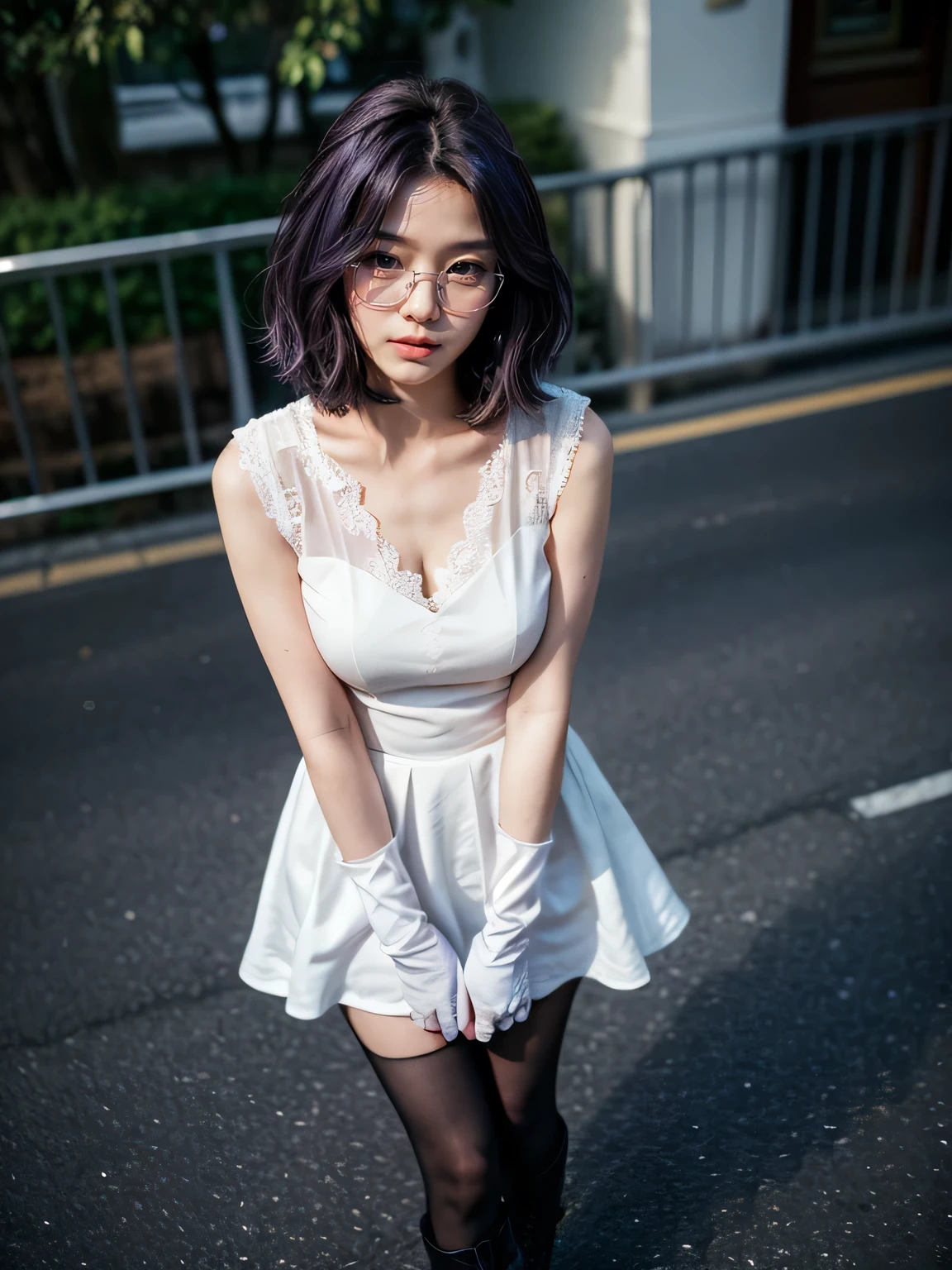 (1 lady), (Best quality at best:1.4), (ultra - detailed), (extremely detailed CG unified 16k), A Beautiful Woman with Perfect Figure: 1.4, Sharp Focus: 1.2, purple hair, very detailed, High-definition RAW color photo, professional photoshooting, amazing face and eyes, cosmetics, standing, (amazingly beautiful girl), ((kotomi)), ((exact clothes: white dress, black vest, Black Lace Bridal Gloves, glasses, combat boots)), (looking cute, immerse in her own thoughts expression), (City park, extremely detailed background, realistic background, first date vibes), (look from above), realistic cinematic face, (head to feet long wide zoomed out view, full body long view, head to shoes), photorealistic, ((realistic natural purple hair style, purple eyes)), gorgeous, extremely beautiful face, pretty face, delicate girl, skinny but in good shape, perfect model beauty, pout mouth, Highly Detailed Face and Skin Texture, Detailed Eyes, Double Eyelids, Medium size breasts, shy but motivated expression, (masterpiece), best quality, high resolution, extremely detailed, cinematic lighting, amazing legs, clear and well-cared skin, (milky pale skin, white skin like milk)