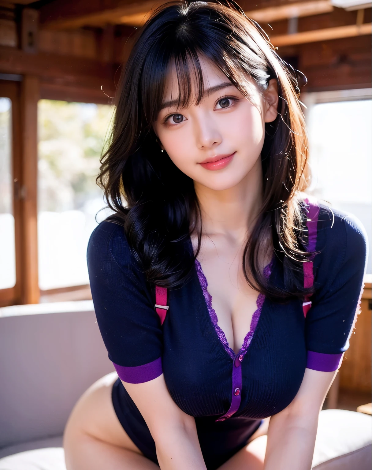 (8k, RAW Photos, highest quality, masterpiece:1.2), Super Resolution, (Realistic, Realistic Photo:1.37), whole body, 頭からつま先までwhole body, High-resolution RAW color photos, Professional photos, Very detailed, 8k wallpaper, Very detailed美少女, Very detailed顔, Very detailed目, Very detailed肌, Very detailed指, Very detailed鼻, Very detailed詳細な口 , Very detailedな脚, Perfect Anatomy, Very detailed背景, Very detailed衣服, 1 girl, (18:1.2), Age 25,  Fair skin, Oily and shiny skin , Curly Hair, (bangs:1.2), smile, Cute Face, Realistic face, Super tight aloha shirt, No bra, Micro Mini Skirt, Bend over with your butt facing the camera, Dynamic Lighting, Very large breasts, stockings, High heels